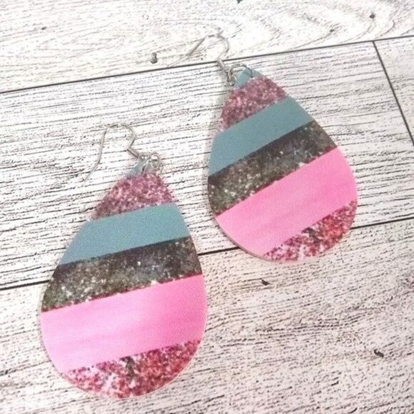 Pink & Gray  Sparkle Stripes Teardrop Earrings - Picture 6 of 6
